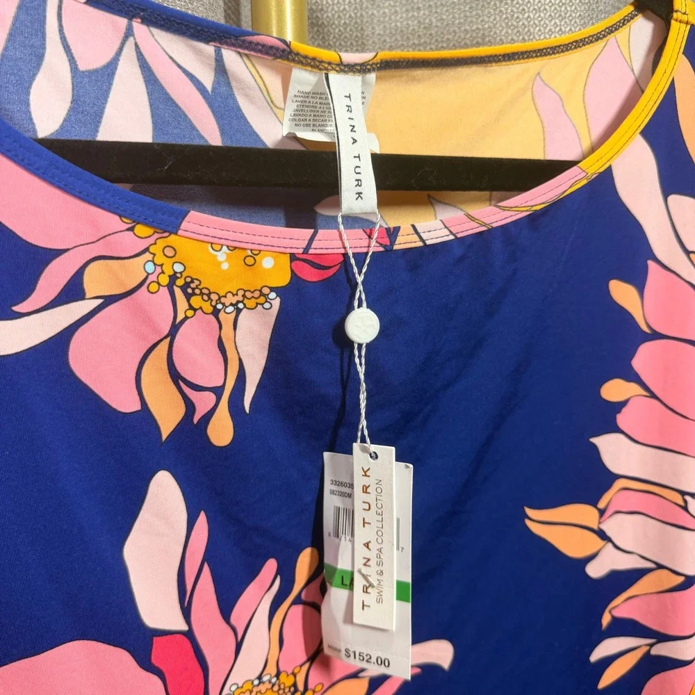 Trina Turk Floral Long Sleeve One Piece Swimsuit & Cover Up Set Blue Pink Large